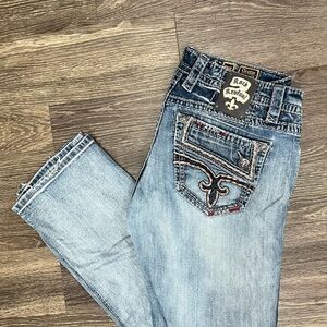 Rock Revival Men’s “Destin Straight” Distressed Medium Denim Wash Jeans Sz 38
